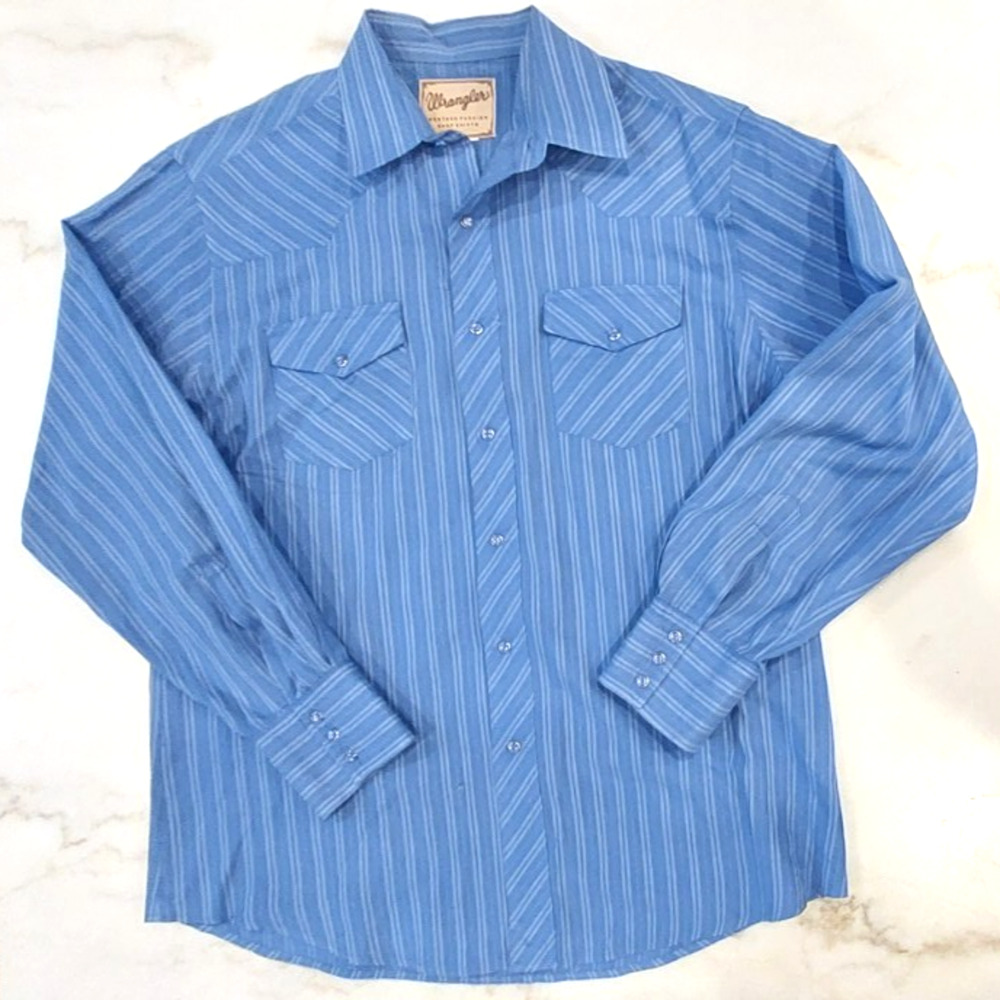 Wrangler Pearl Snap Shirt Mens Size L Blue Striped‎ with Pockets Cowboy